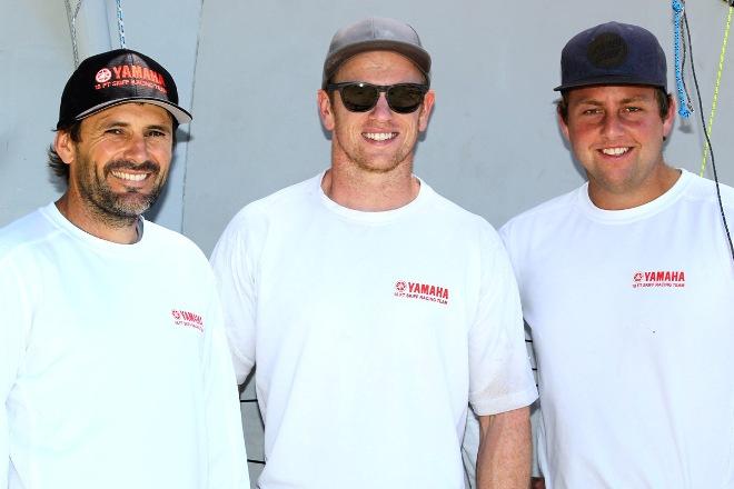 The Yamaha team of David McDiarmid, Matt Steven and Brad Collins in Sydney for the 2017 JJ Giltinan 18ft Skiff Championship © Frank Quealey /Australian 18 Footers League http://www.18footers.com.au